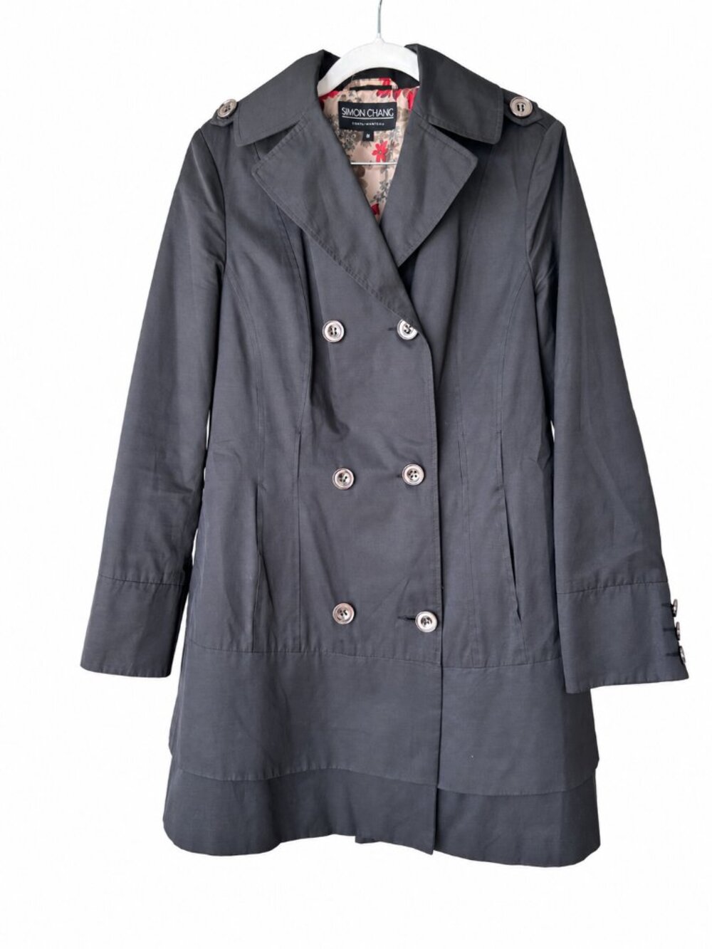 Simon Chang Black Double-Breasted Trench Coat – Size 8